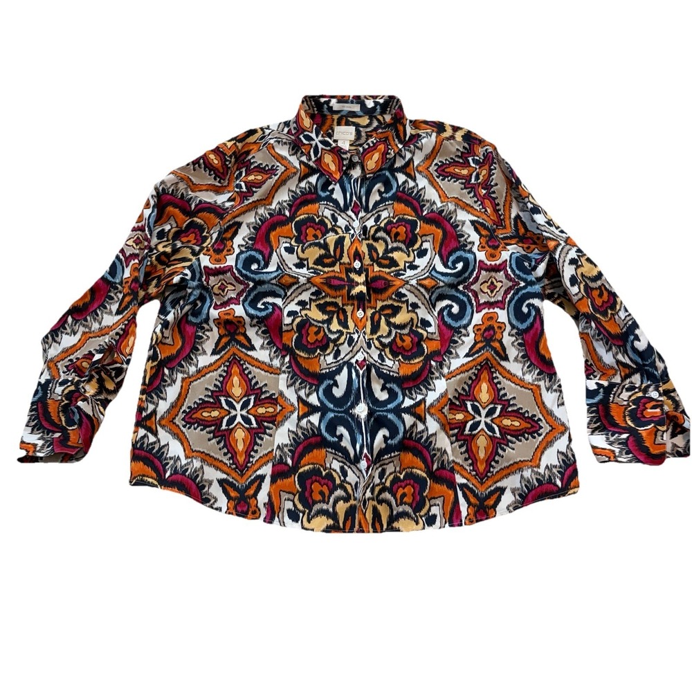 Chico's No Iron Shirt Women's Size XXL 100% Cotton Long Sleeve Artsy Career‎
